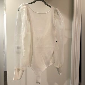 ASTR Cream Chiffon Puff Sleeve Low Back Bodysuit XL NWT